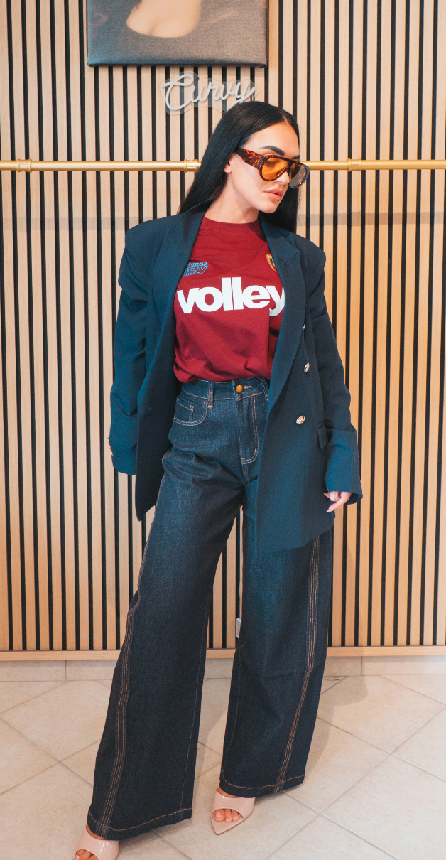 Blazer blu petrolio oversize con bottoni dorati