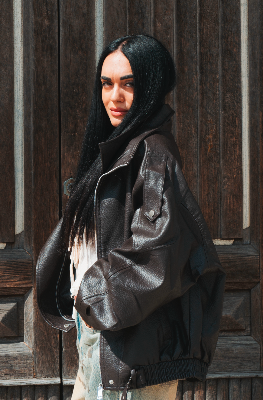 Giubbotto biker oversize in ecopelle marrone