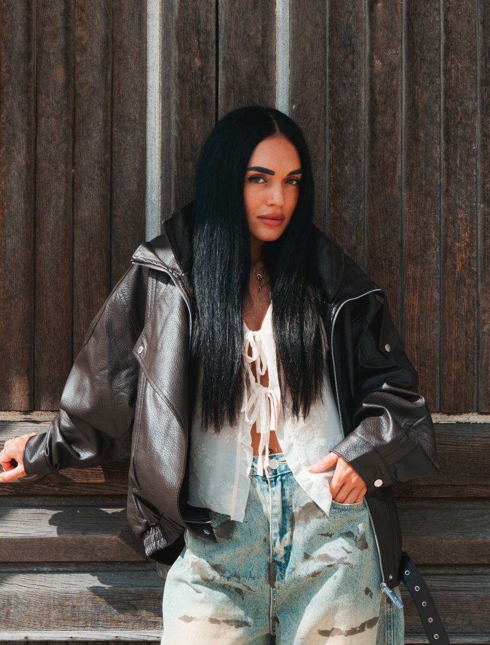 Giubbotto biker oversize in ecopelle marrone