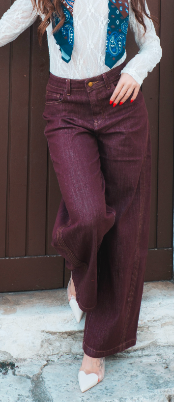 Jeans Donna Bordeaux Wide Leg a Vita Media