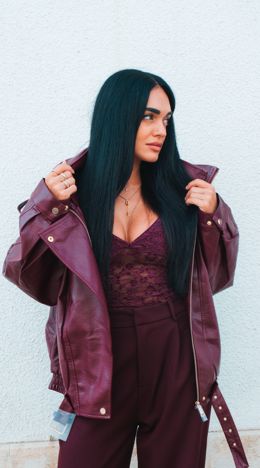 Giubbotto biker donna bordeaux oversize in ecopelle