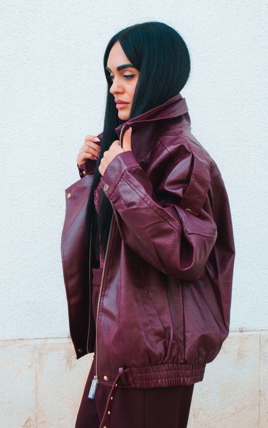 Giubbotto biker donna bordeaux oversize in ecopelle