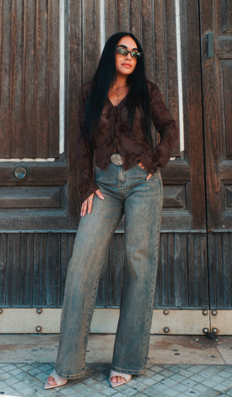 Jeans wide leg marrone vintage a vita alta