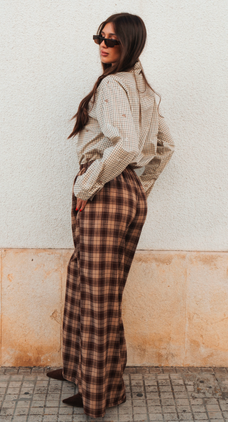 Pantalone palazzo tartan a vita alta