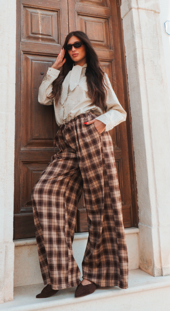 Pantalone palazzo tartan a vita alta