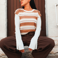 Maglia traforata a righe panna e cammello